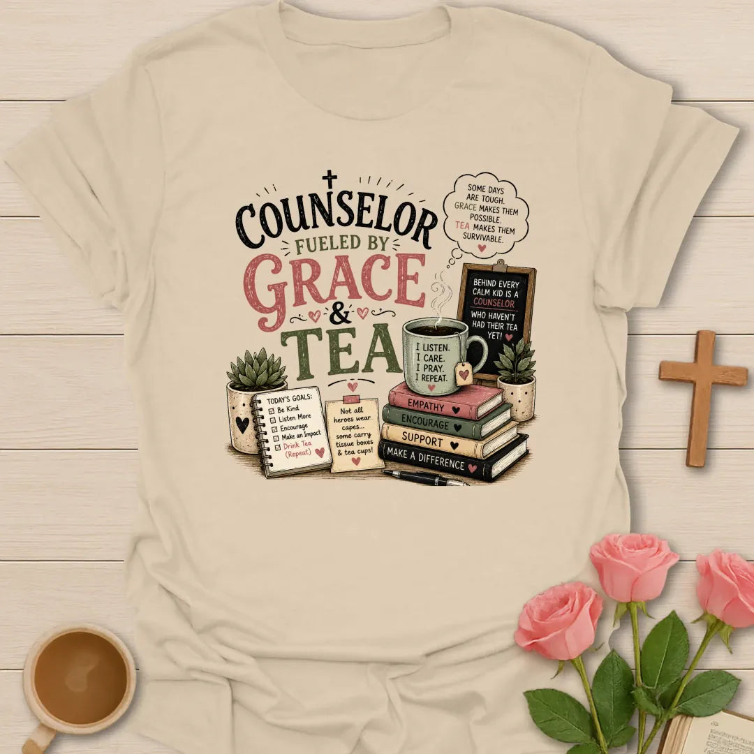 Counselor Fueled by Grace and Tea shirt with stacked books, teacup, chalkboard, notebook, plant, and vintage pink and sage lettering. - Sand