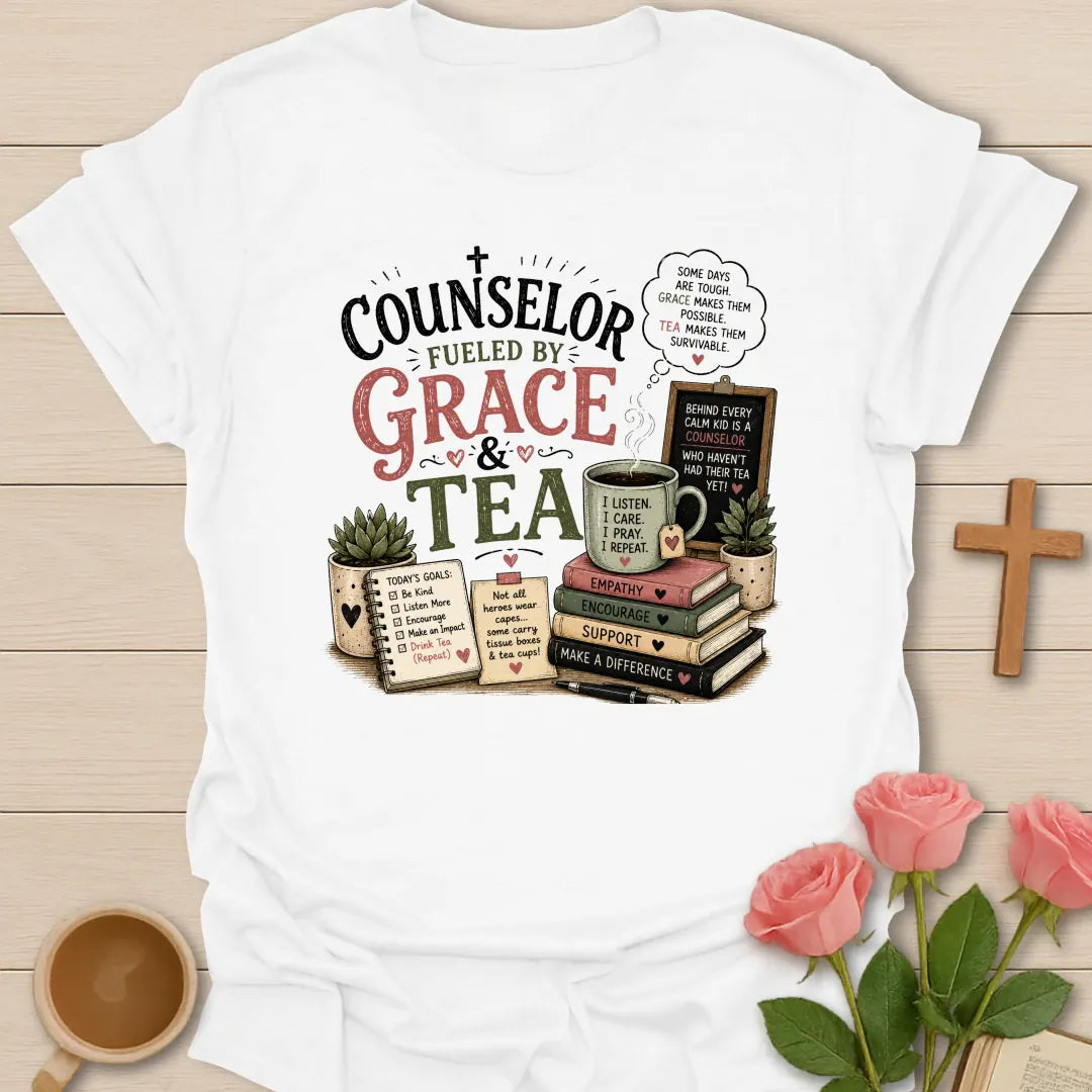 Counselor Fueled by Grace and Tea shirt with stacked books, teacup, chalkboard, notebook, plant, and vintage pink and sage lettering. - White