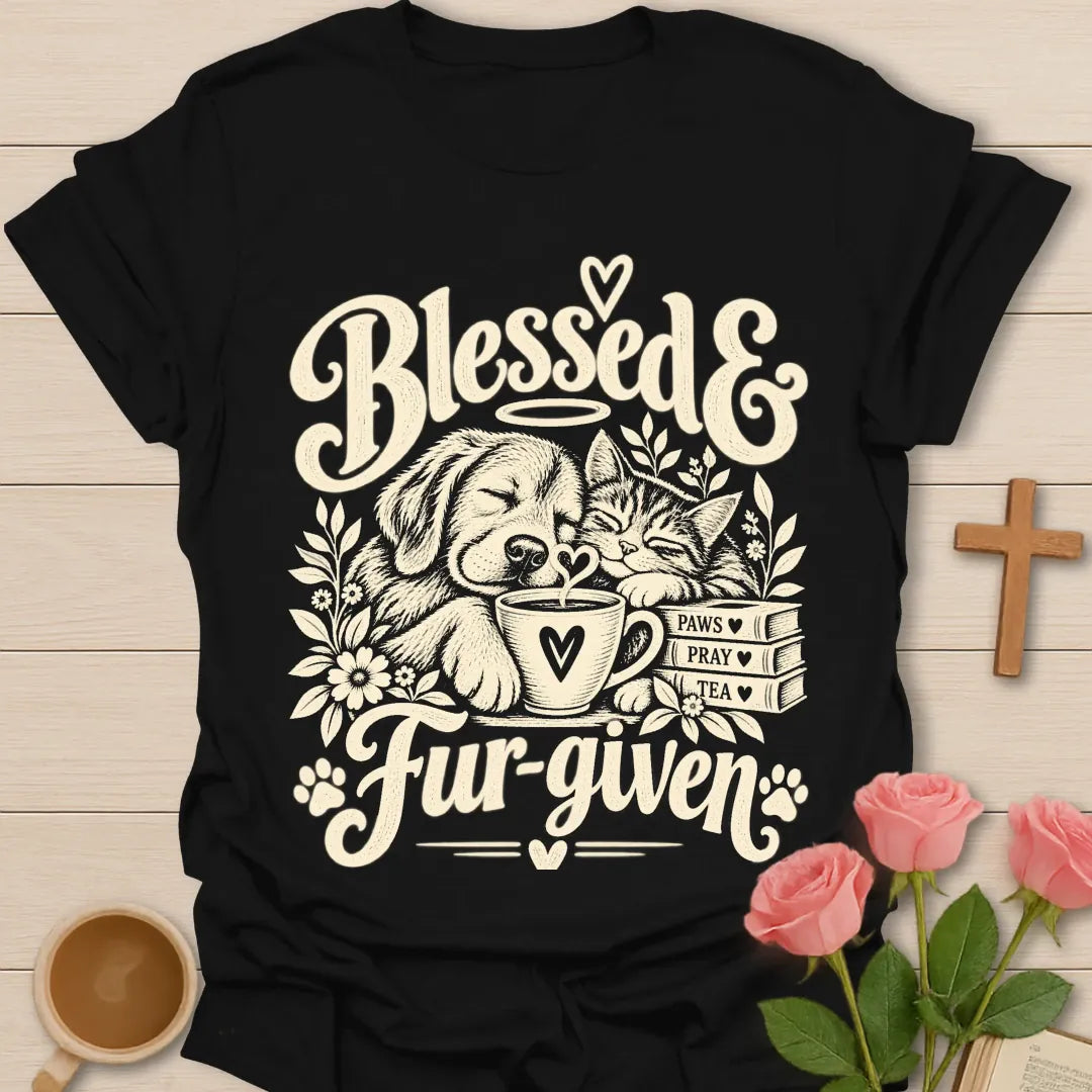 Fur-given T-Shirt with playful pet and faith-inspired lettering. - Black