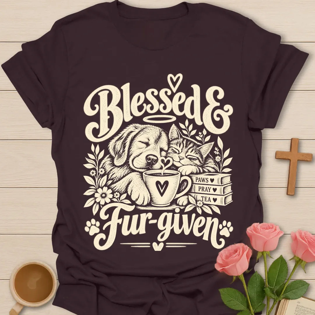 Fur-given T-Shirt with playful pet and faith-inspired lettering. - Dark Chocolate