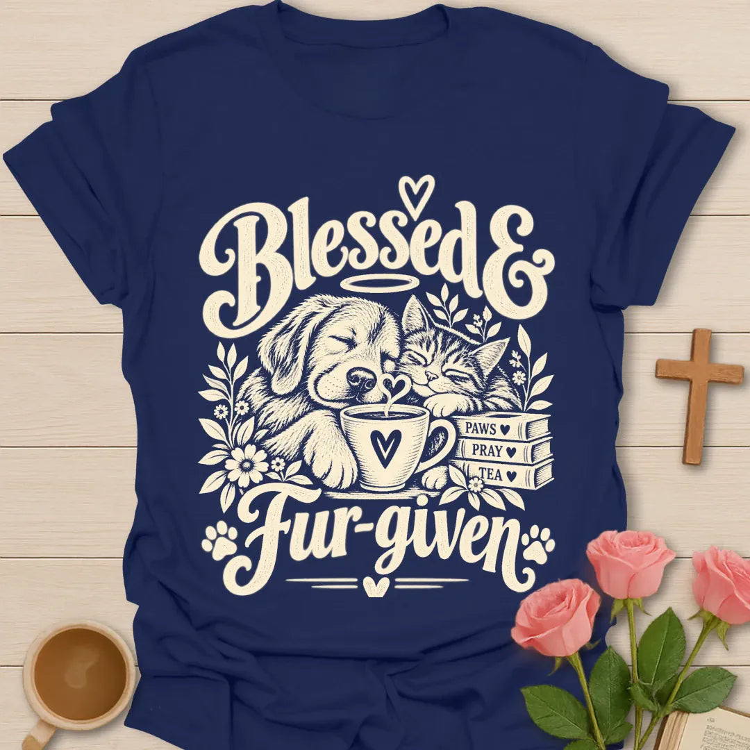 Fur-given T-Shirt with playful pet and faith-inspired lettering. - Navy