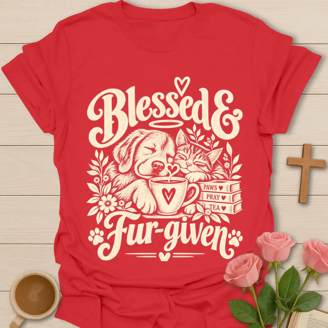 Fur-given T-Shirt with playful pet and faith-inspired lettering. - Red
