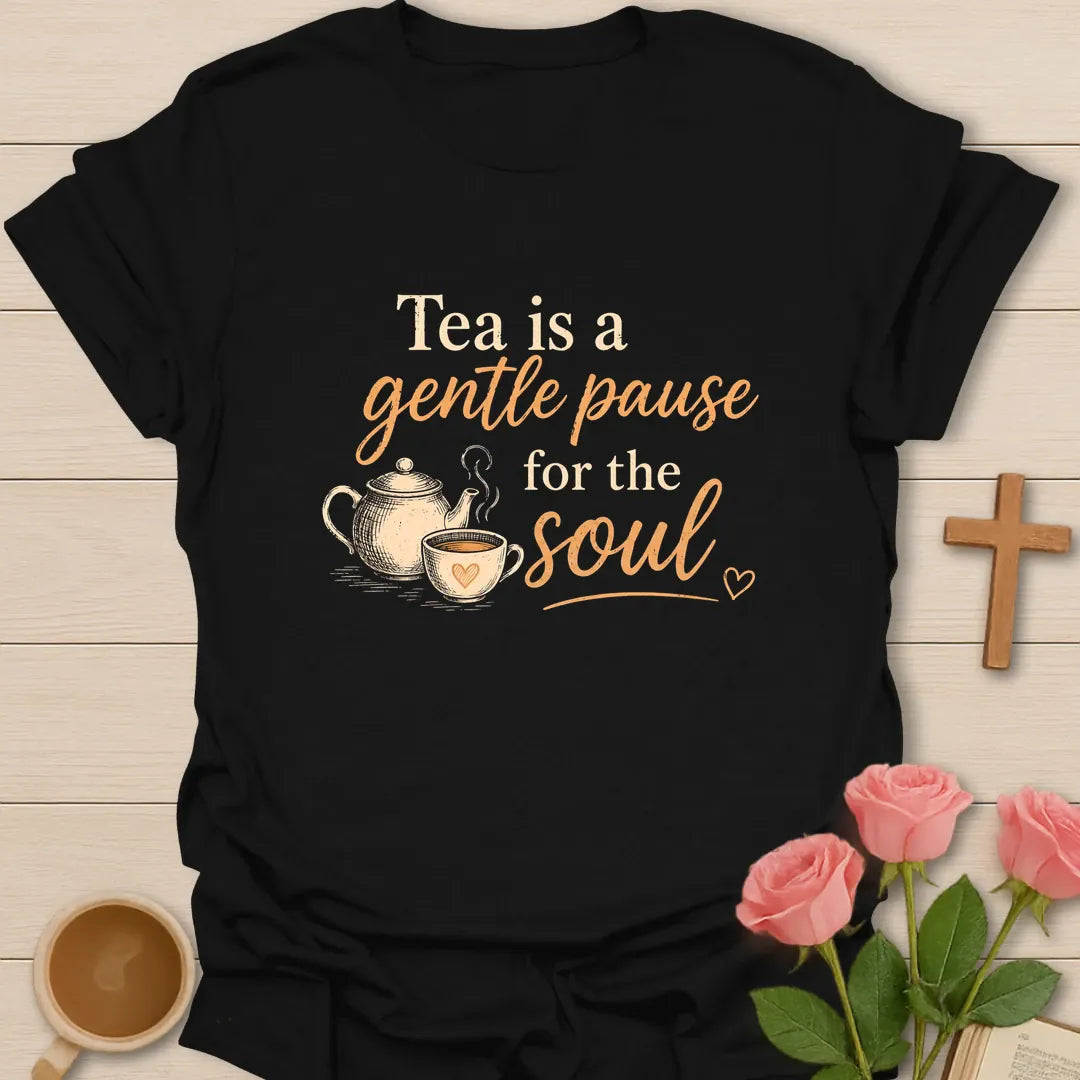 Gentle Pause For The Soul shirt with teacup, cross, and cream vintage lettering. - Black