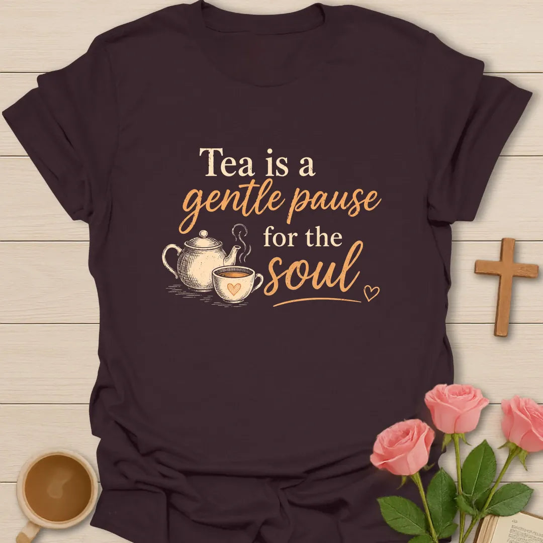 Gentle Pause For The Soul shirt with teacup, cross, and cream vintage lettering. - Dark Chocolate