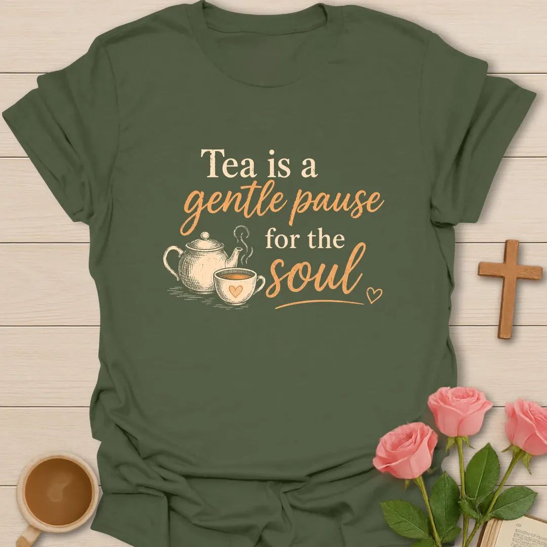 Gentle Pause For The Soul shirt with teacup, cross, and cream vintage lettering. - Military Green