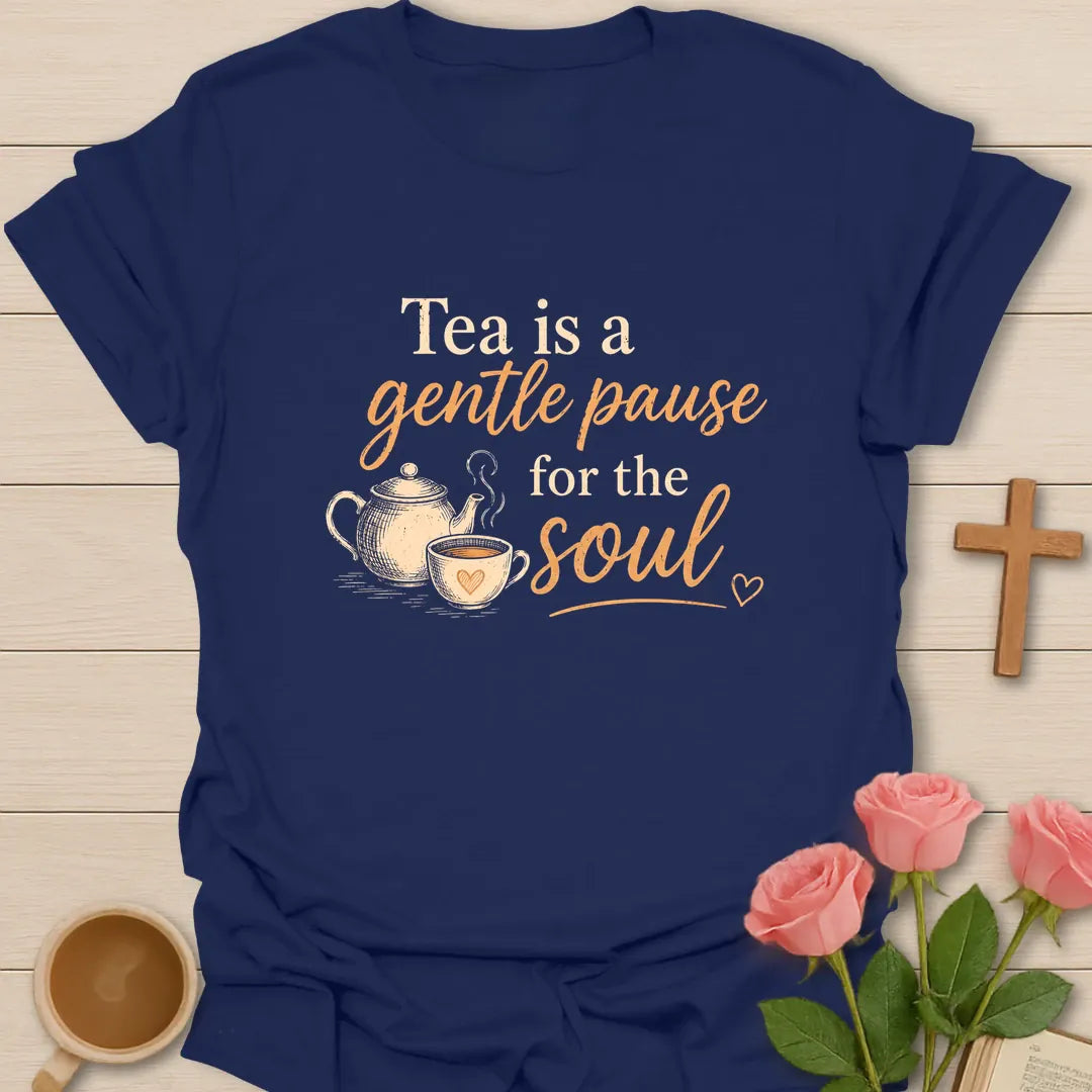 Gentle Pause For The Soul shirt with teacup, cross, and cream vintage lettering. - Navy
