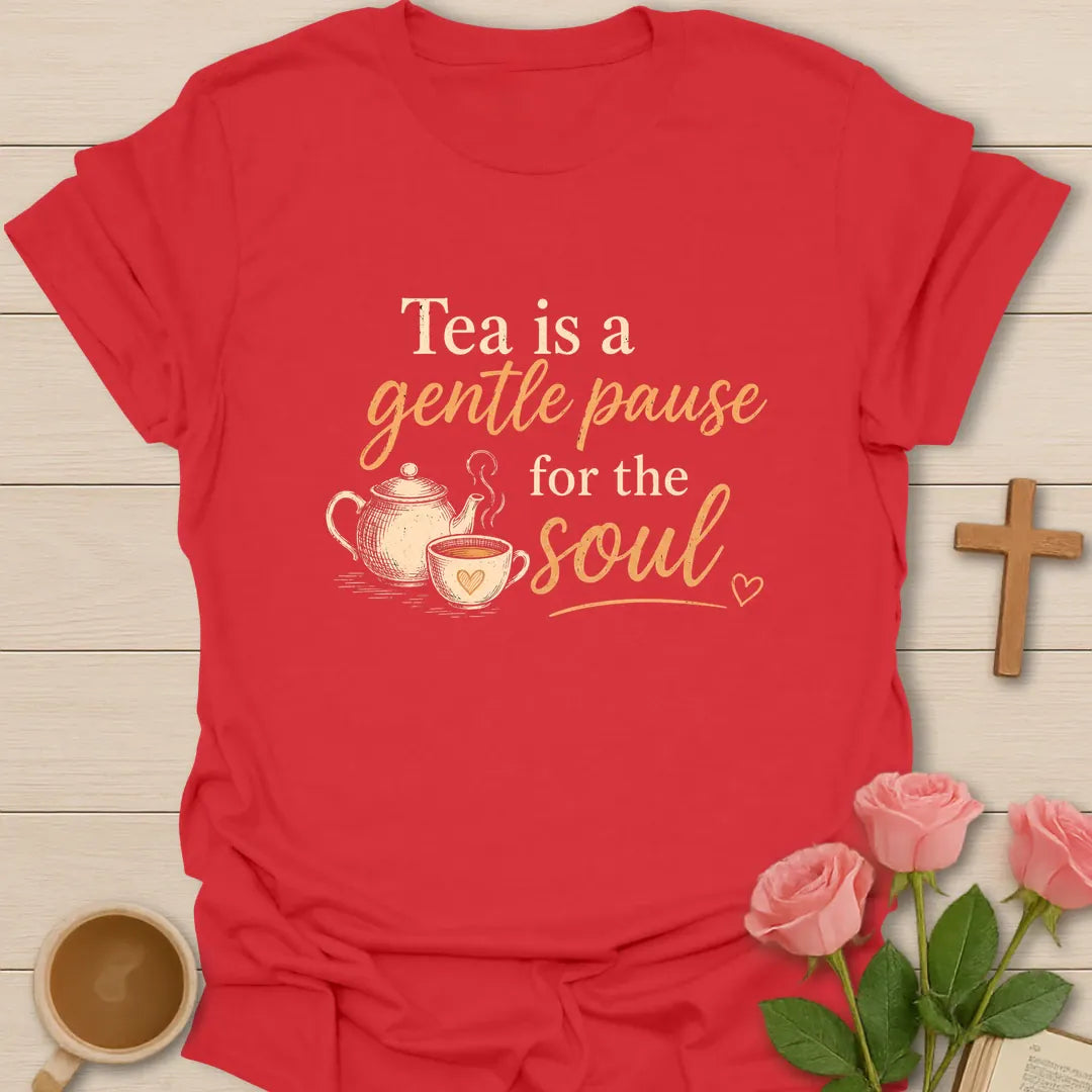 Gentle Pause For The Soul shirt with teacup, cross, and cream vintage lettering. - Red