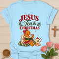 Gingerbread Lady Christmas Christian T-shirt with gingerbread woman drinking tea and reading Bible - Light Blue