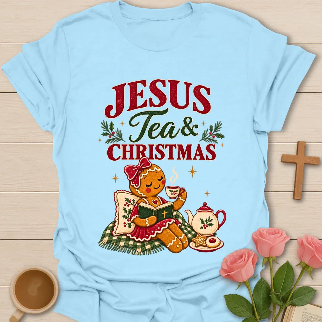 Gingerbread Lady Christmas Christian T-shirt with gingerbread woman drinking tea and reading Bible - Light Blue