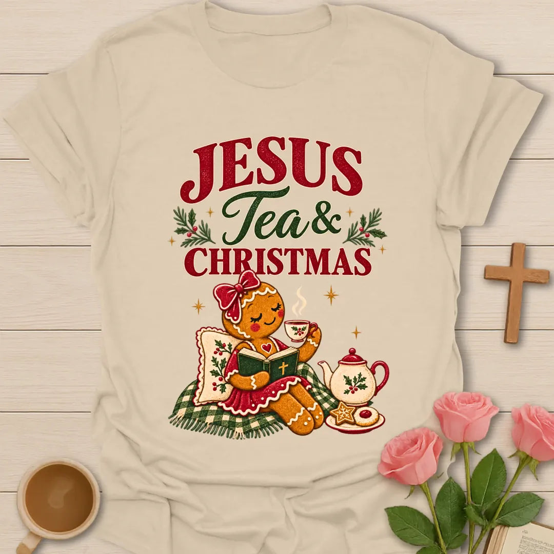 Gingerbread Lady Christmas Christian T-shirt with gingerbread woman drinking tea and reading Bible - Sand
