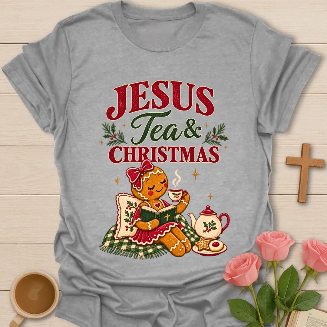 Gingerbread Lady Christmas Christian T-shirt with gingerbread woman drinking tea and reading Bible - Sport Grey