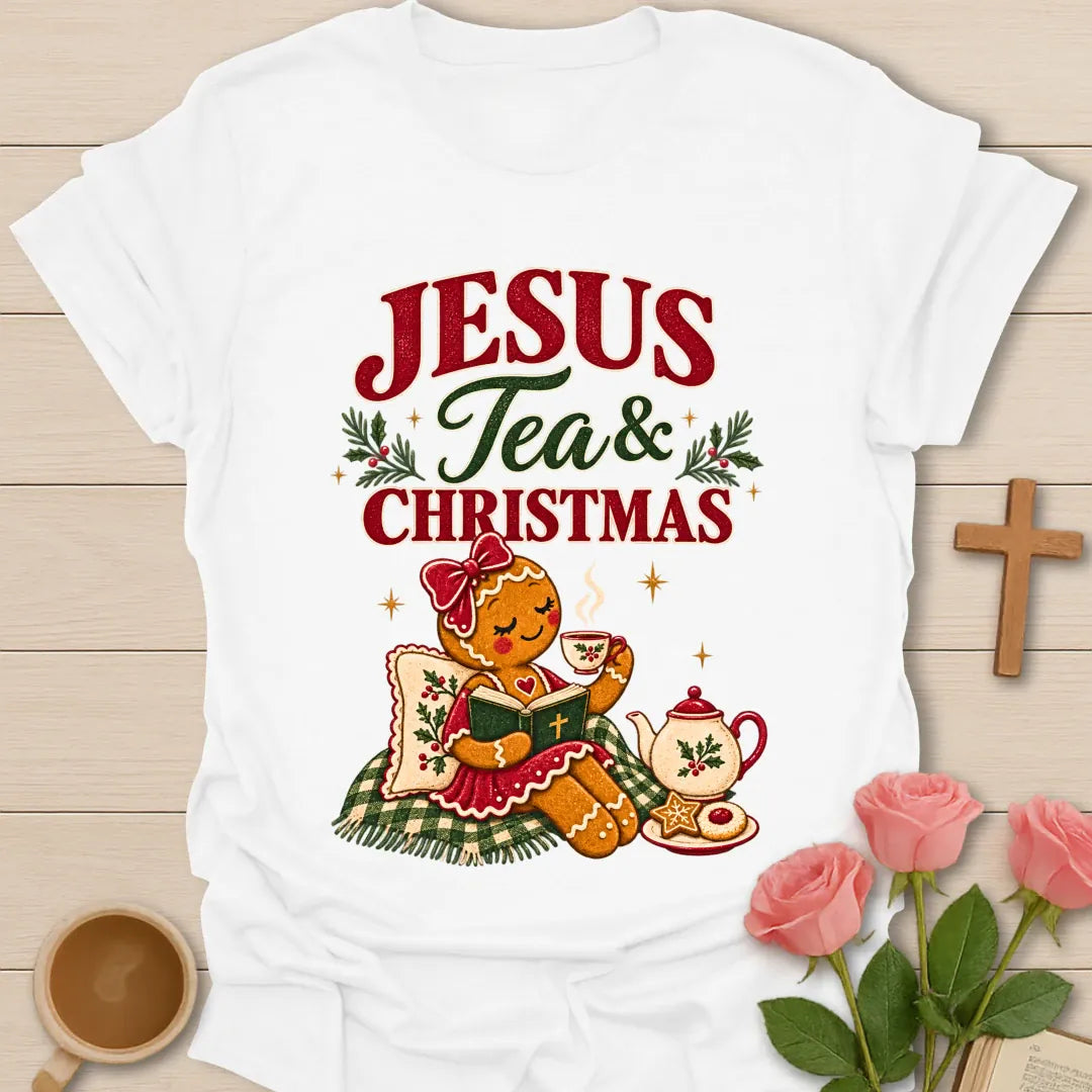 Gingerbread Lady Christmas Christian T-shirt with gingerbread woman drinking tea and reading Bible - White