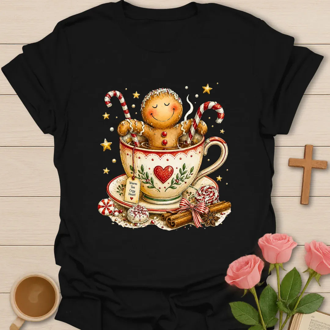 Gingerbread Tea Christmas T-shirt with gingerbread character sitting in festive teacup - Black
