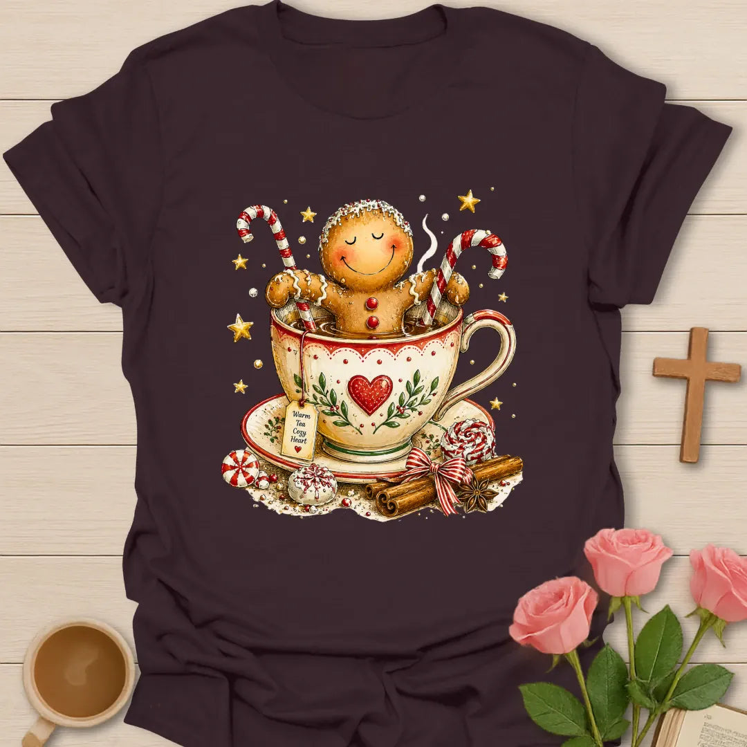 Gingerbread Tea Christmas T-shirt with gingerbread character sitting in festive teacup - Dark Chocolate