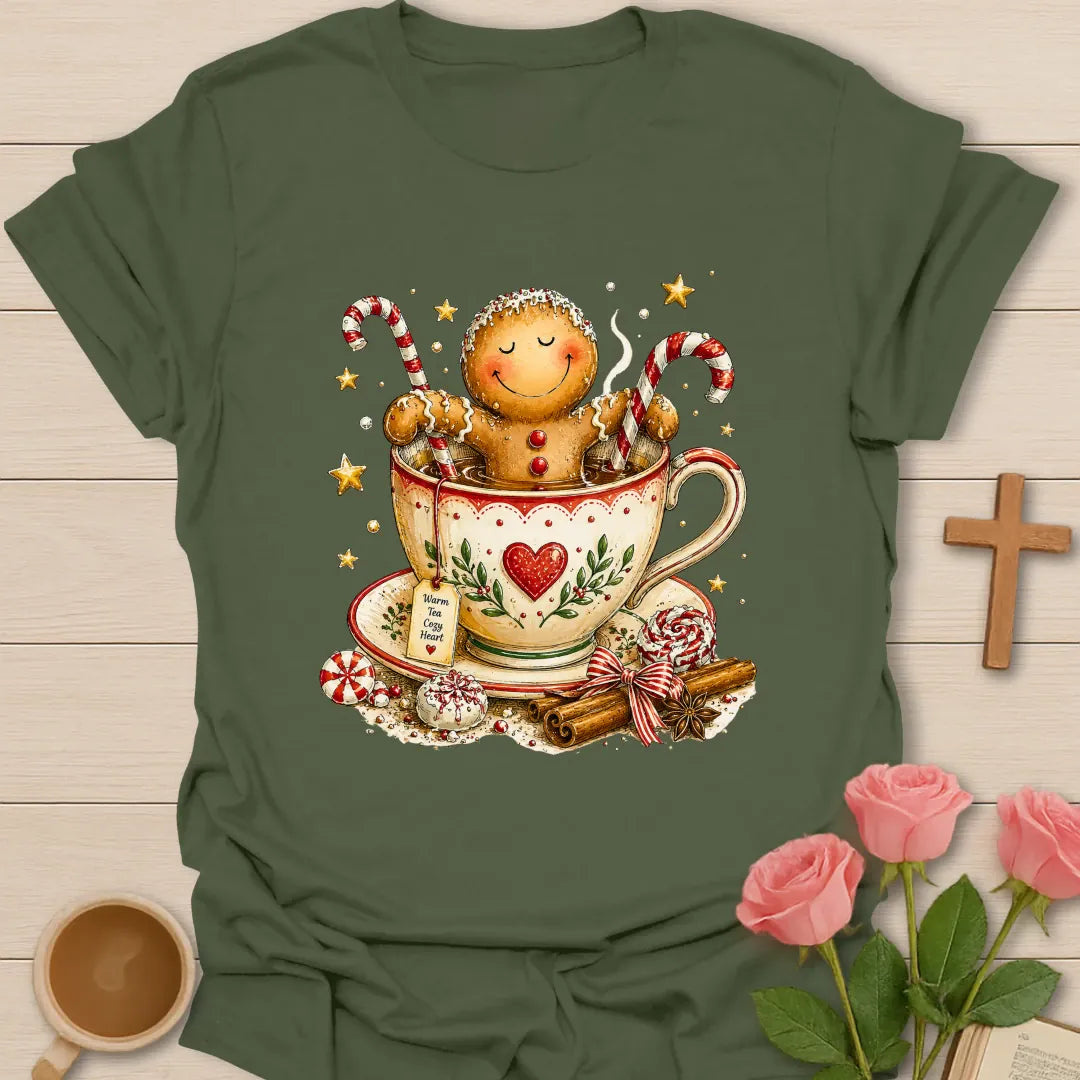 Gingerbread Tea Christmas T-shirt with gingerbread character sitting in festive teacup - Military Green