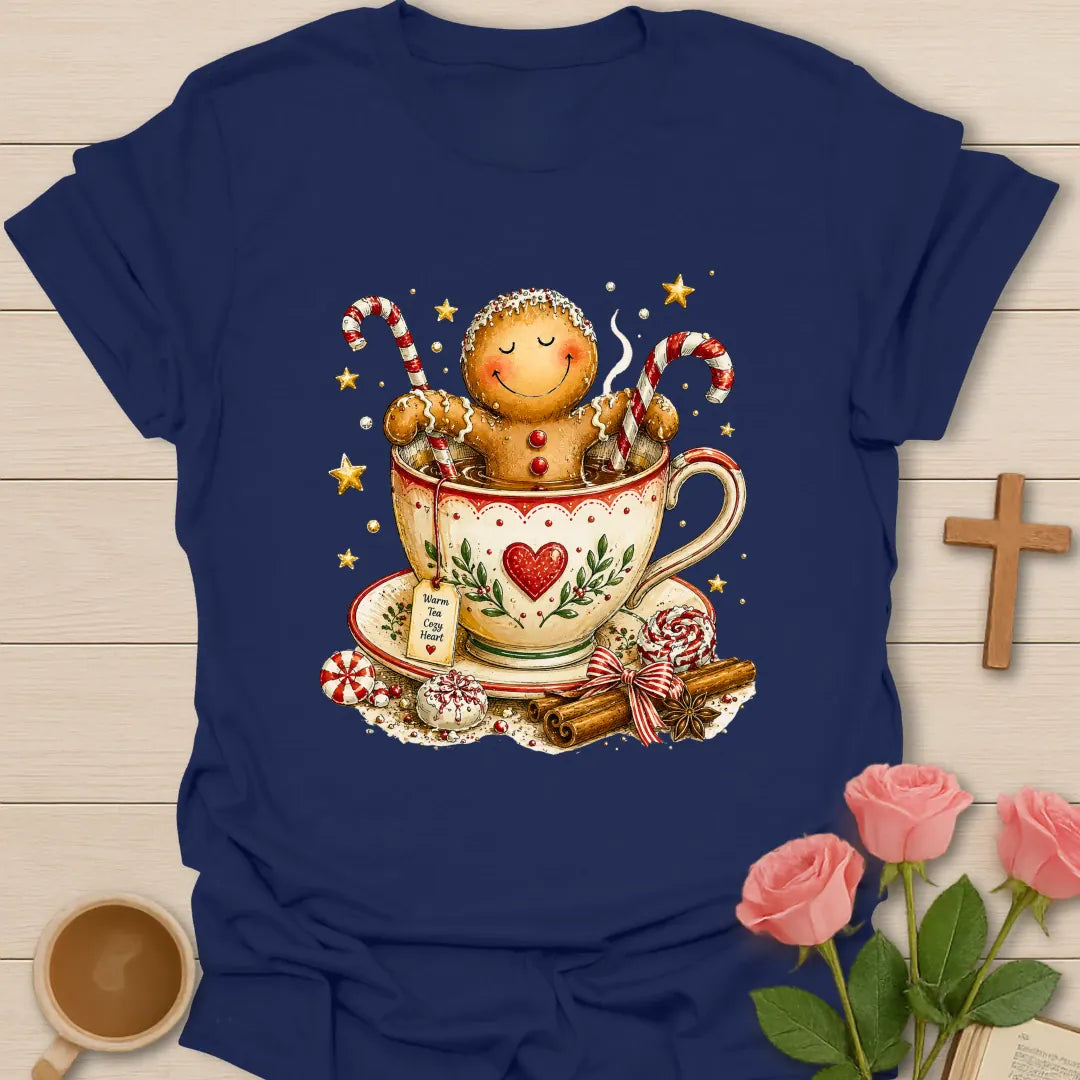 Gingerbread Tea Christmas T-shirt with gingerbread character sitting in festive teacup - Navy