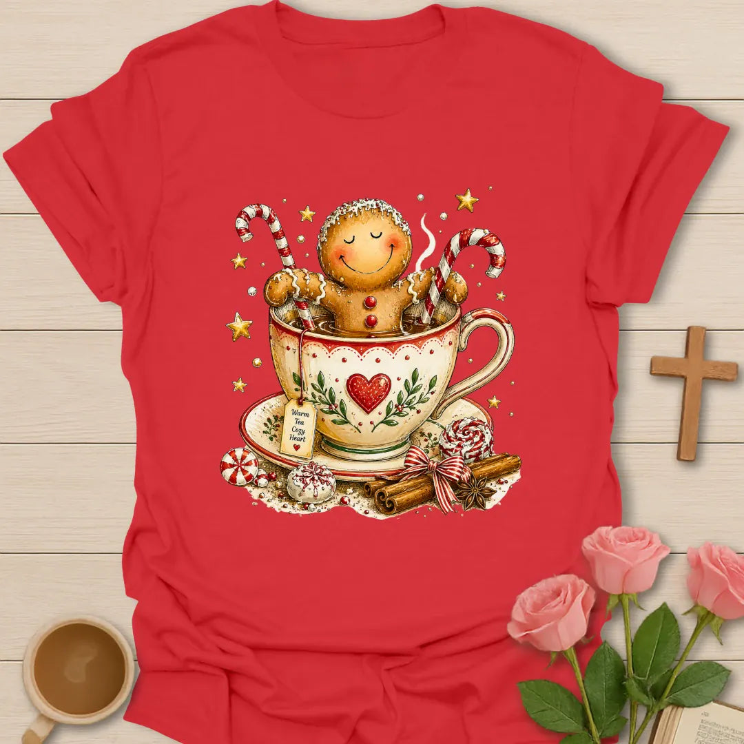Gingerbread Tea Christmas T-shirt with gingerbread character sitting in festive teacup - Red