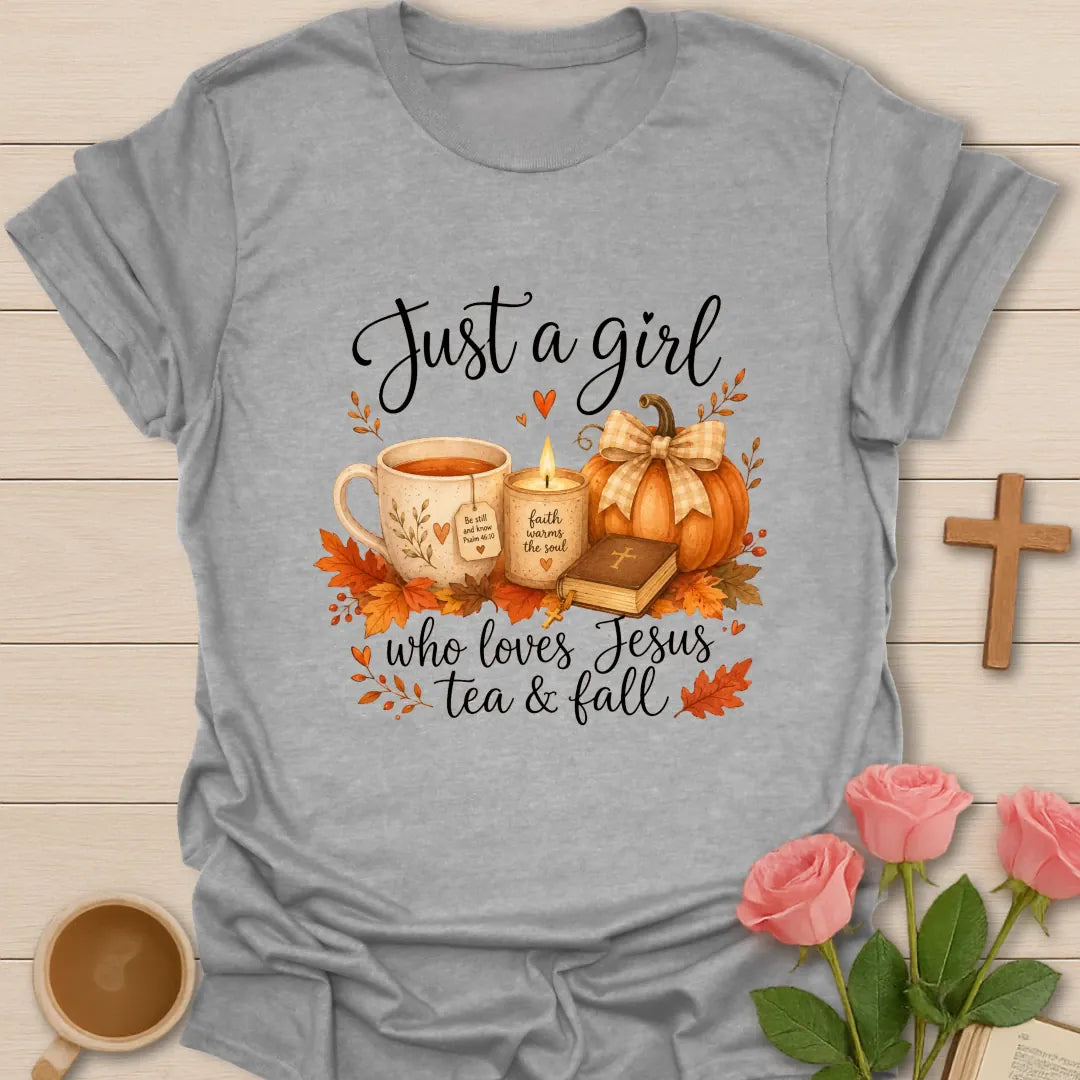 Just A Girl Loving Jesus Tea and Fall shirt with teacup, pumpkins, leaves, and cream lettering. - Sport Grey