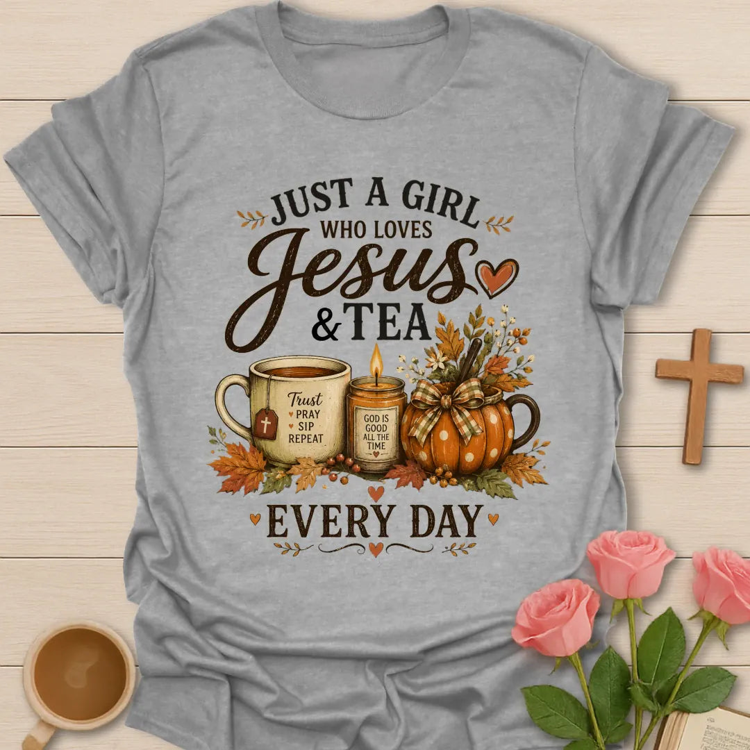 Girl who loves Jesus and tea every day shirt with teacup, candle, pumpkins, fall leaves, and faith message. - Sport Grey