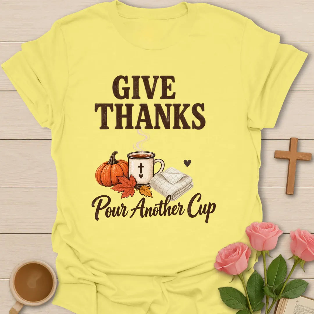 Give Thanks Fall shirt with autumn-inspired lettering and a faith-inspired seasonal design. - Cornsilk