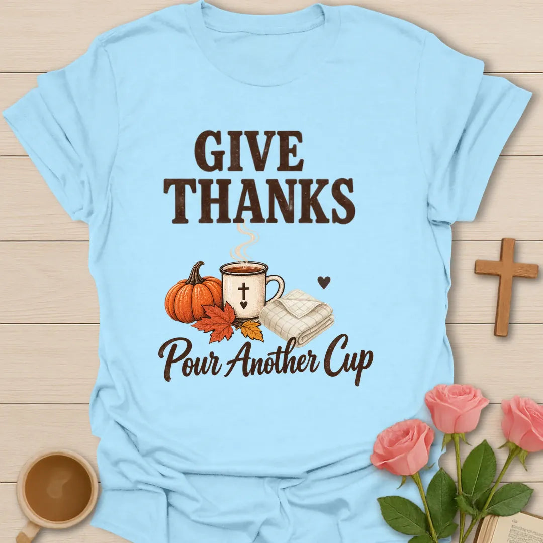 Give Thanks Fall shirt with autumn-inspired lettering and a faith-inspired seasonal design. - Light Blue