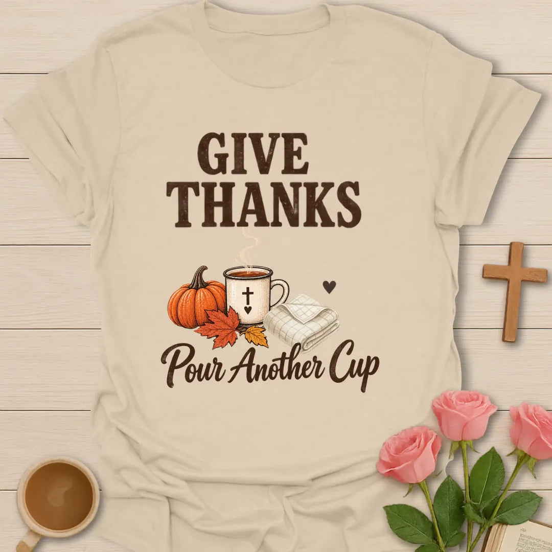 Give Thanks Fall shirt with autumn-inspired lettering and a faith-inspired seasonal design. - Sand