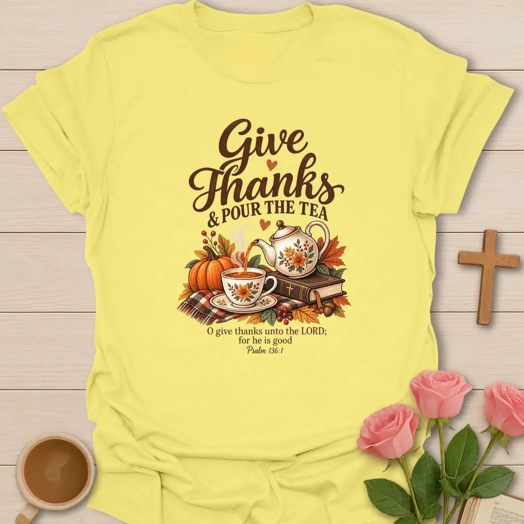 Give Thanks shirt with elegant hand-lettered typography and a faith-inspired design. - Cornsilk