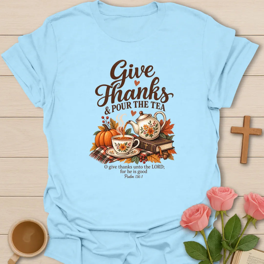 Give Thanks shirt with elegant hand-lettered typography and a faith-inspired design. - Light Blue