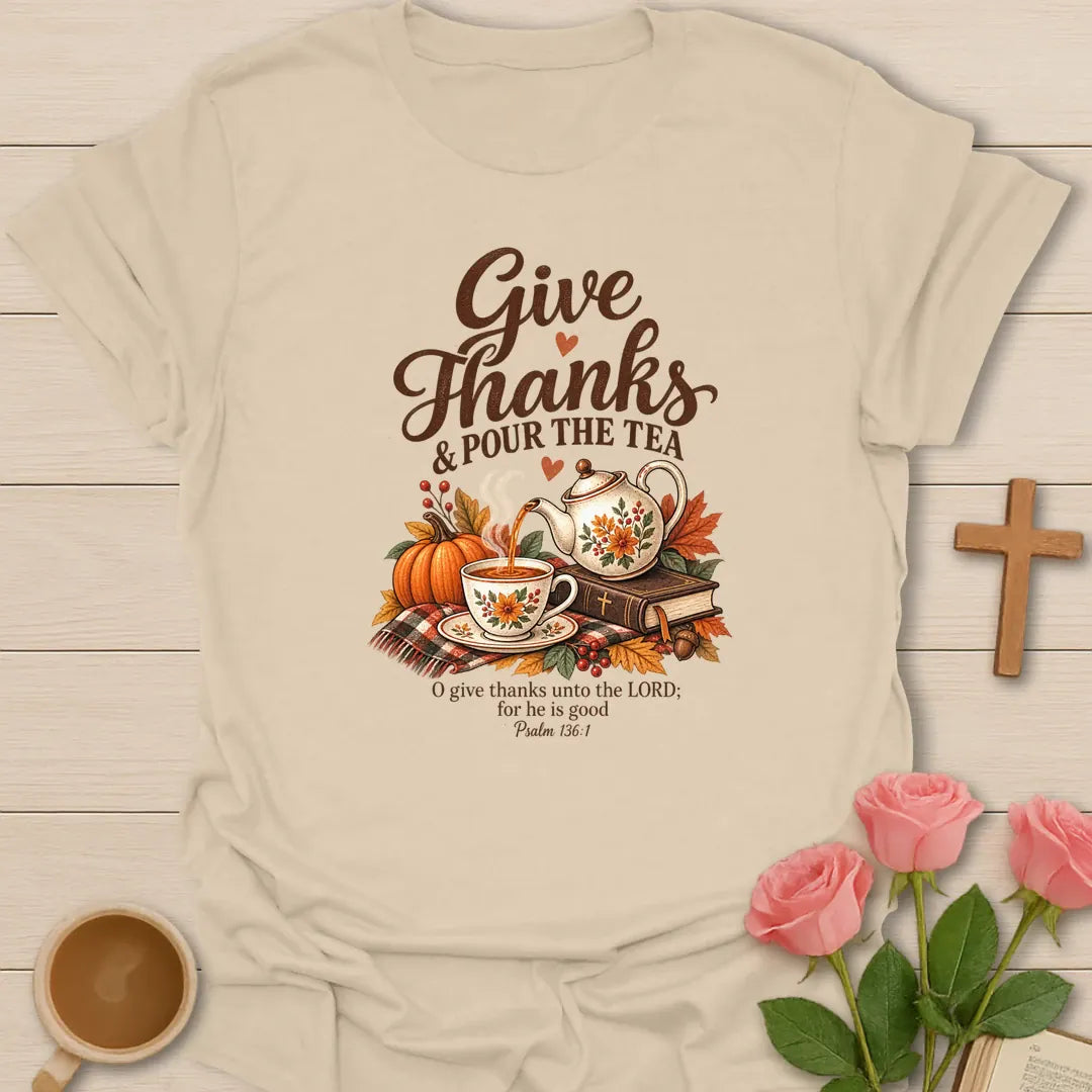 Give Thanks shirt with elegant hand-lettered typography and a faith-inspired design. - Sand