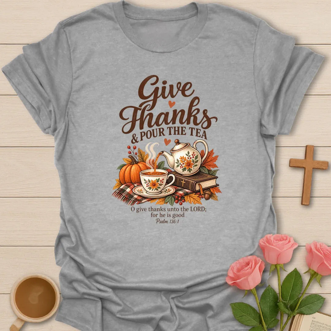 Give Thanks shirt with elegant hand-lettered typography and a faith-inspired design. - Sport Grey