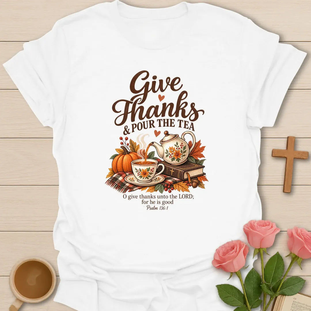 Give Thanks shirt with elegant hand-lettered typography and a faith-inspired design. - White