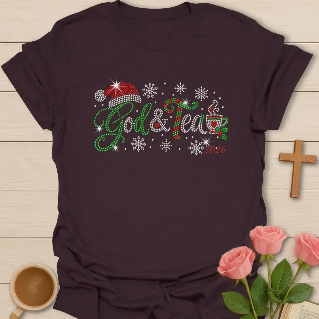God And Tea 2026 Christmas t-shirt with festive holiday lettering and faith-inspired design - Dark Chocolate