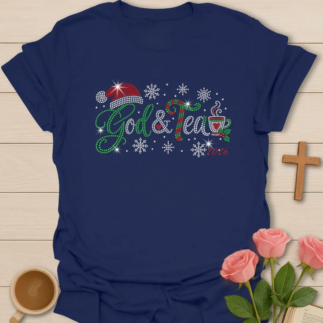 God And Tea 2026 Christmas t-shirt with festive holiday lettering and faith-inspired design - Navy