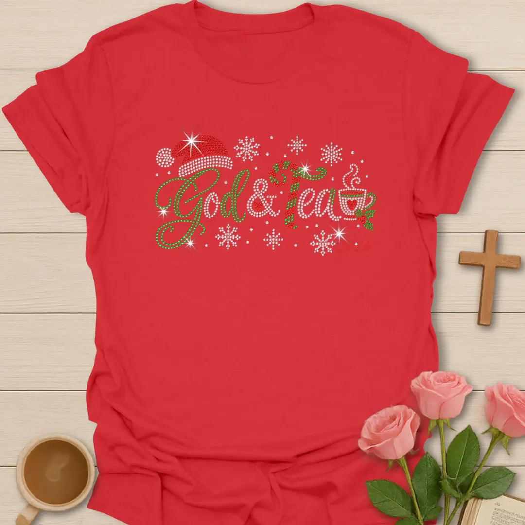 God And Tea 2026 Christmas t-shirt with festive holiday lettering and faith-inspired design - Red