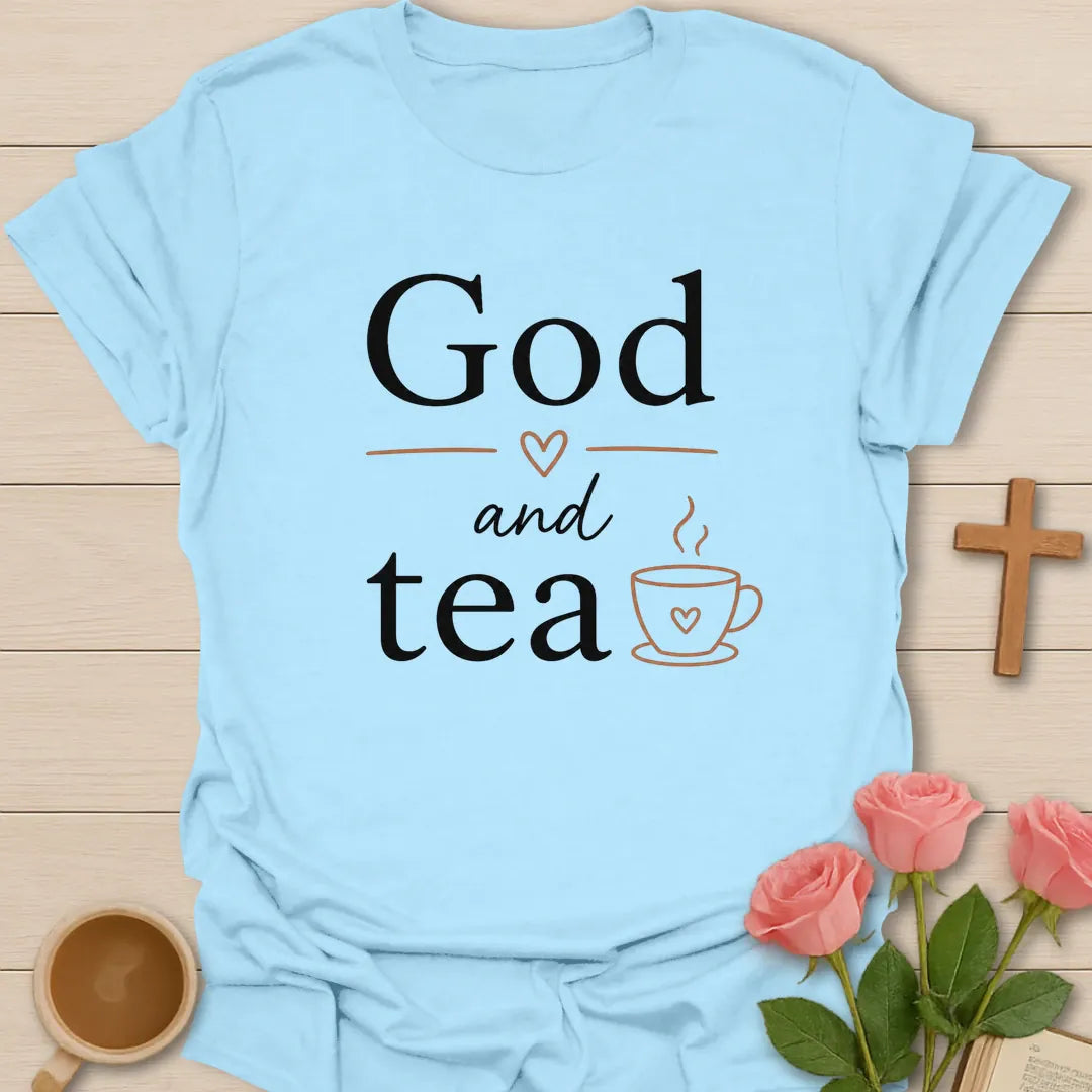 God and Tea shirt with teacup, cross, and cream vintage lettering. - Light Blue