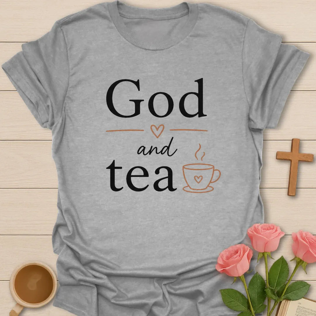 God and Tea shirt with teacup, cross, and cream vintage lettering. - Sport Grey