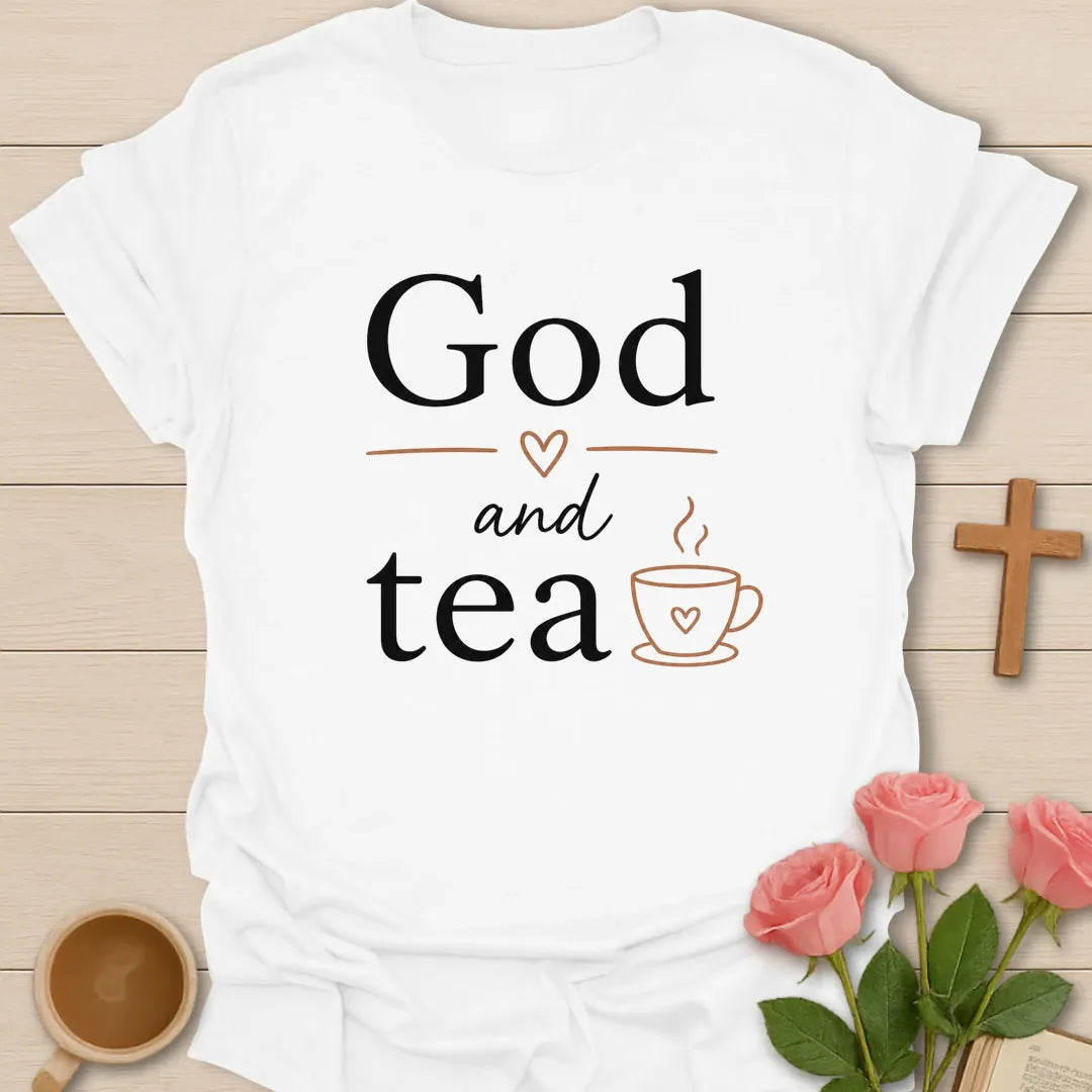 God and Tea shirt with teacup, cross, and cream vintage lettering. - White