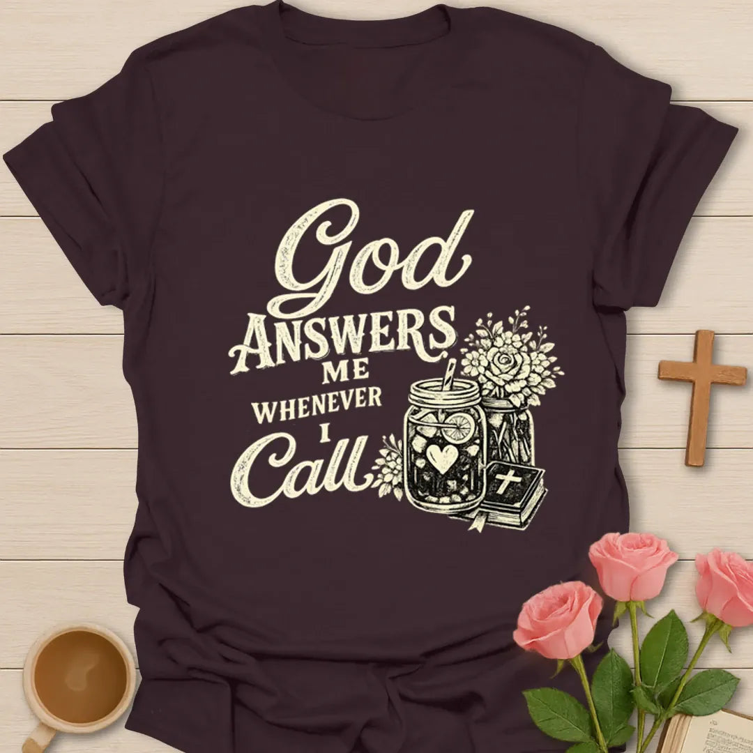 God Answers Me Whenever I Call shirt with teapot, teacup, Bible, flowers, and Psalm 34:17 tea tag. - Dark Chocolate