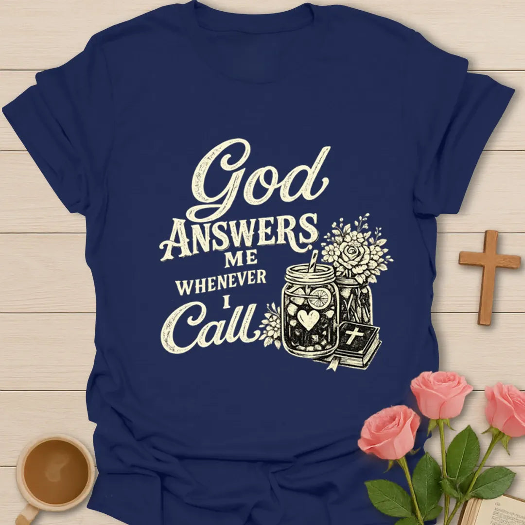 God Answers Me Whenever I Call shirt with teapot, teacup, Bible, flowers, and Psalm 34:17 tea tag. - Navy