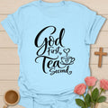 God First Tea Second Christian tea t-shirt with warm lettering and faith-inspired design. - Light Blue