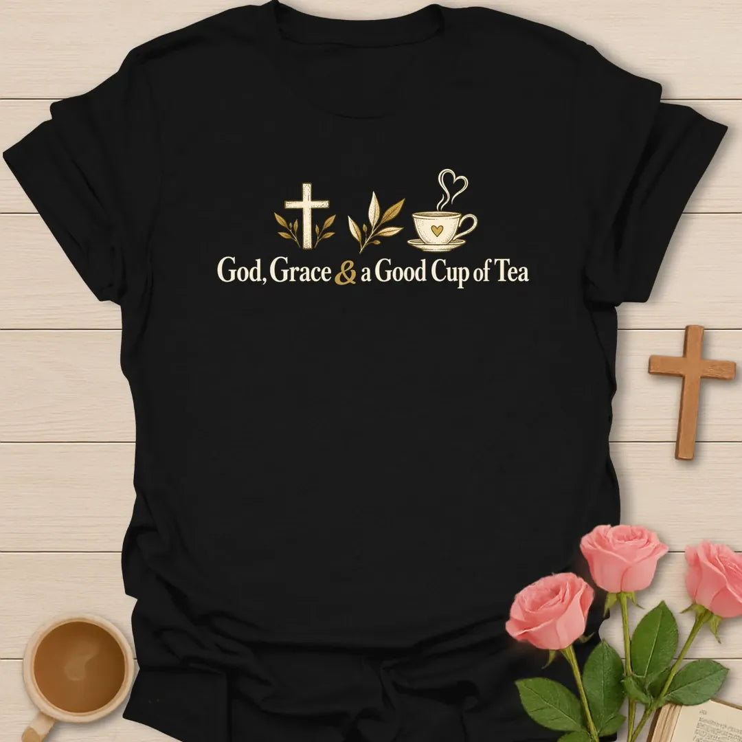 God Good Tea Christian t-shirt with faith-inspired tea lettering design - Black