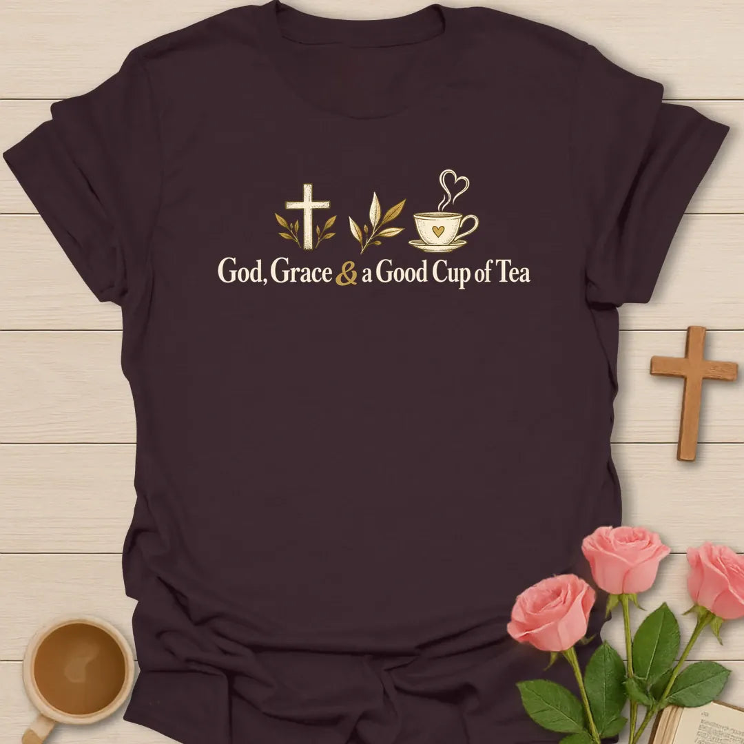 God Good Tea Christian t-shirt with faith-inspired tea lettering design - Dark Chocolate