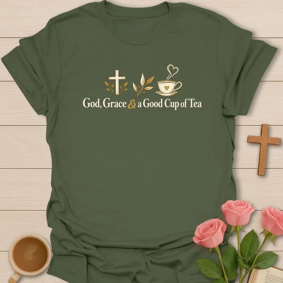 God Good Tea Christian t-shirt with faith-inspired tea lettering design - Military Green