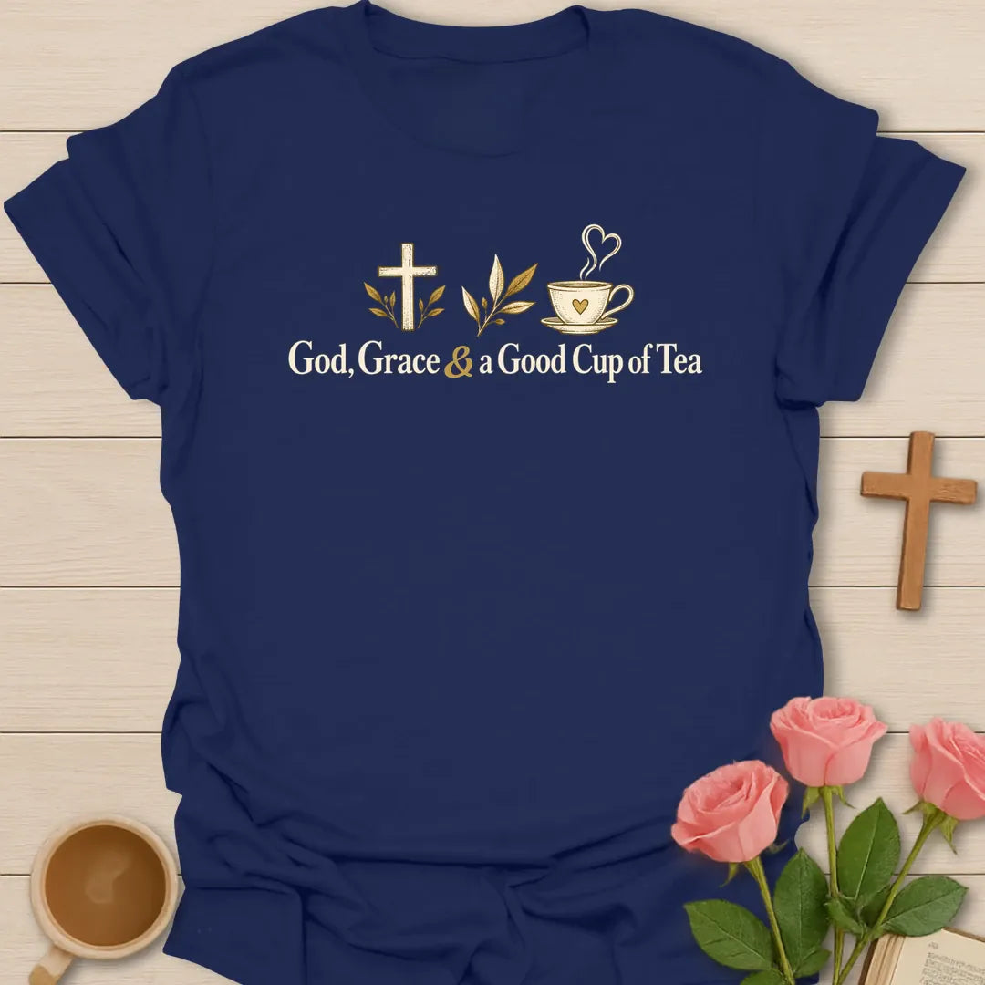 God Good Tea Christian t-shirt with faith-inspired tea lettering design - Navy