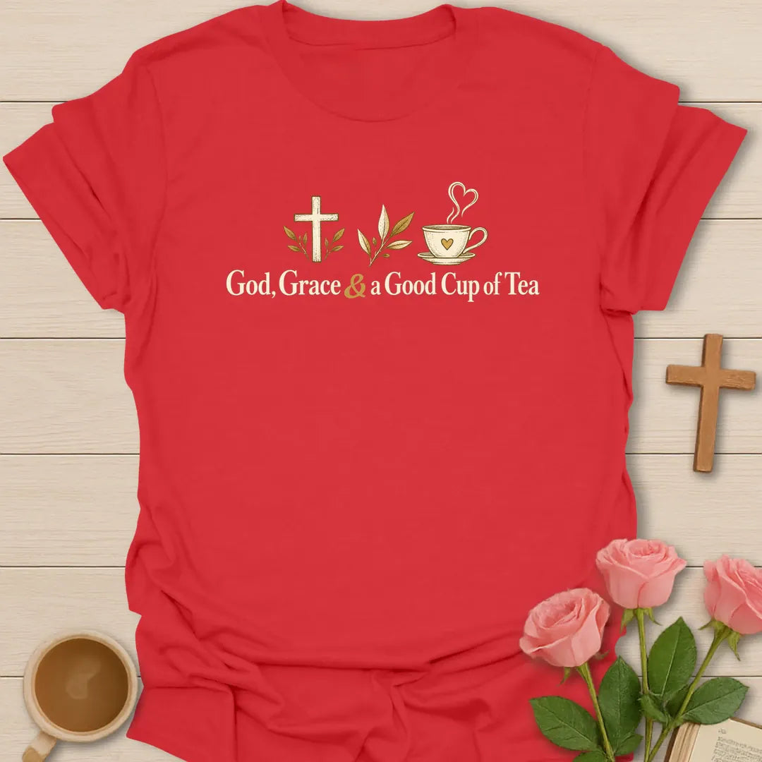 God Good Tea Christian t-shirt with faith-inspired tea lettering design - Red
