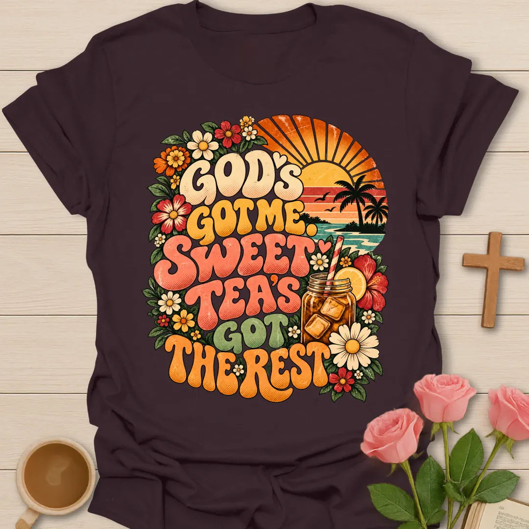 God's Got Me Sweet Tea's Got The Rest retro Christian shirt with iced tea mason jar, flowers and beach sunset - Dark Chocolate