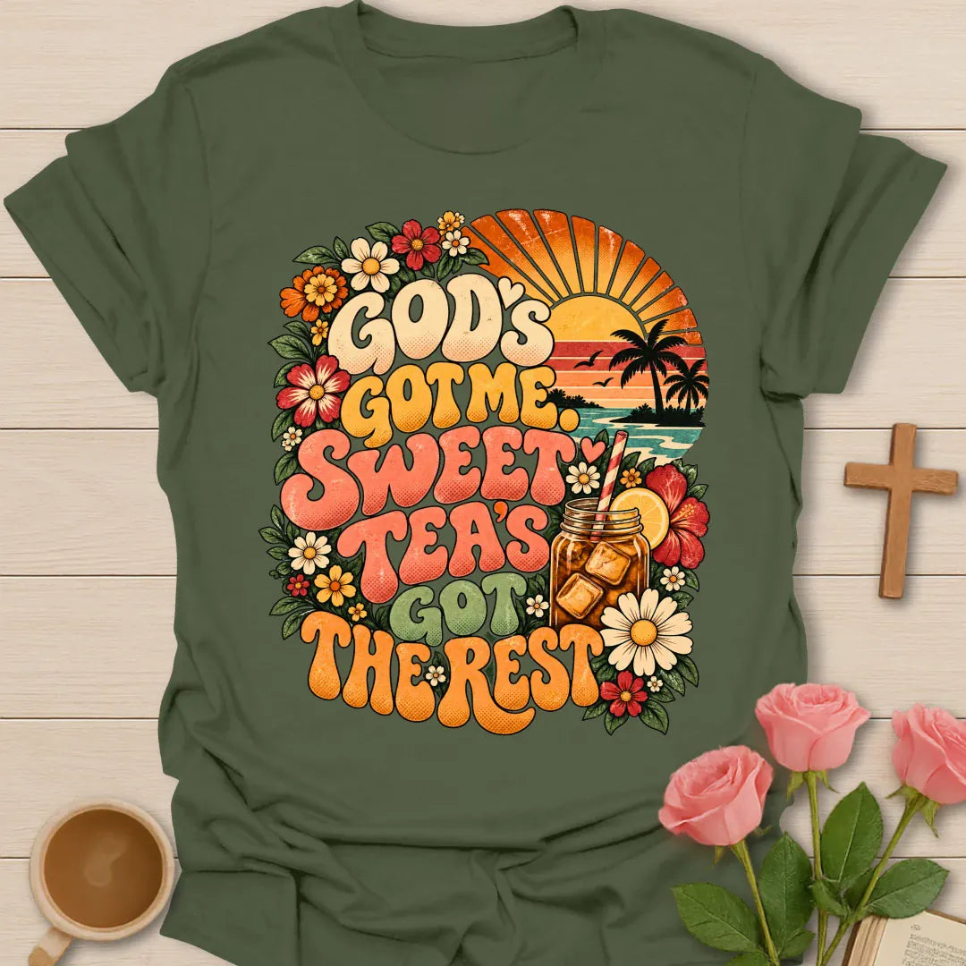 God's Got Me Sweet Tea's Got The Rest retro Christian shirt with iced tea mason jar, flowers and beach sunset - Military Green