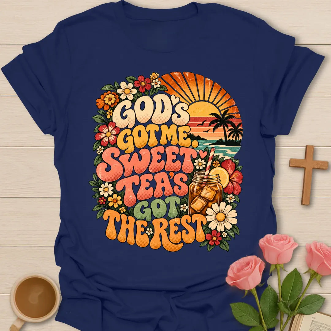 God's Got Me Sweet Tea's Got The Rest retro Christian shirt with iced tea mason jar, flowers and beach sunset - Navy