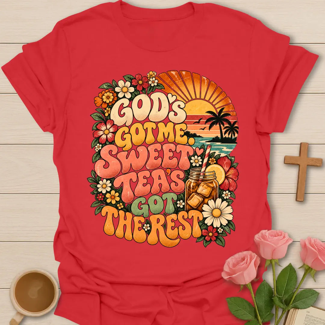 God's Got Me Sweet Tea's Got The Rest retro Christian shirt with iced tea mason jar, flowers and beach sunset - Red