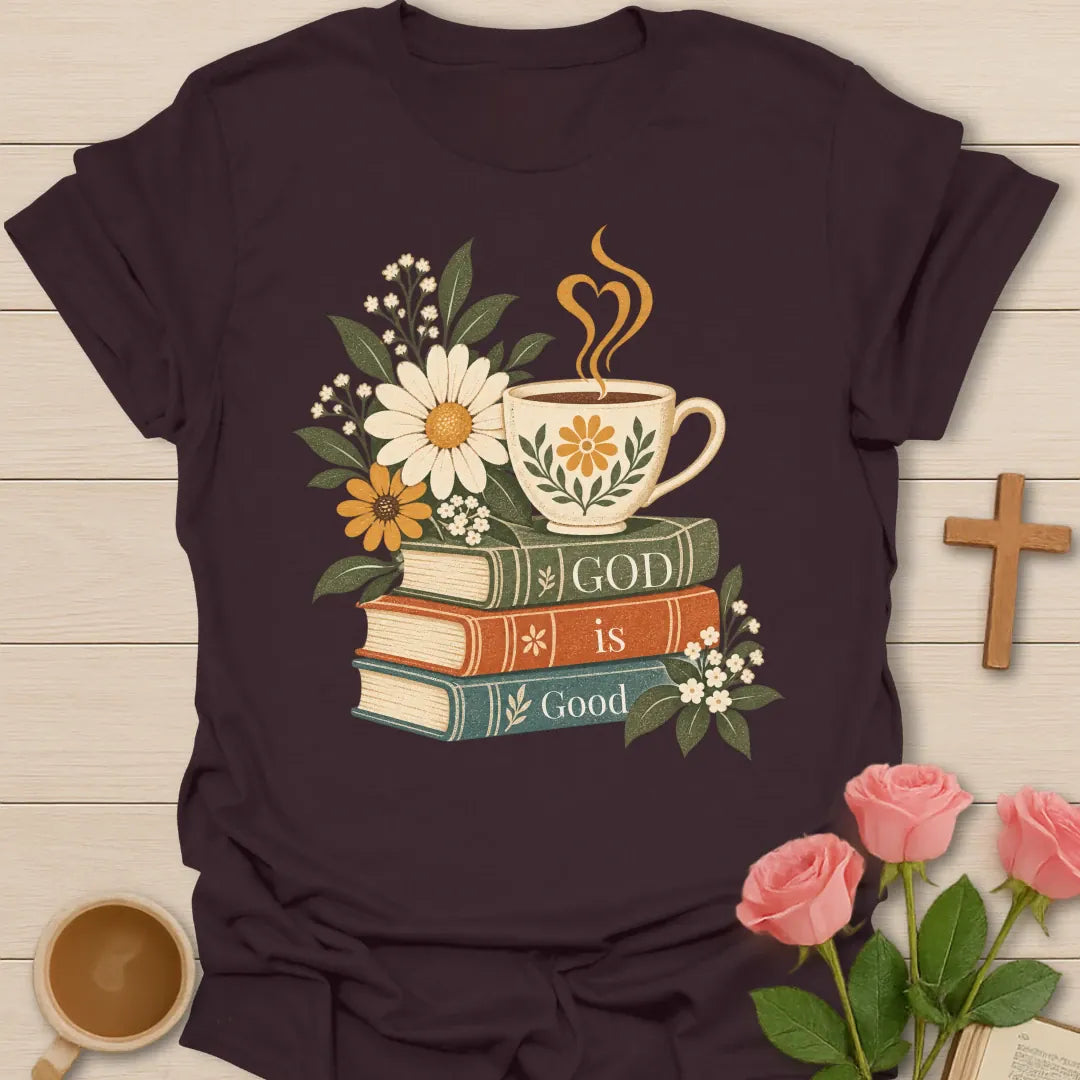 God Is Good Christian t-shirt with faith-inspired lettering - Dark Chocolate